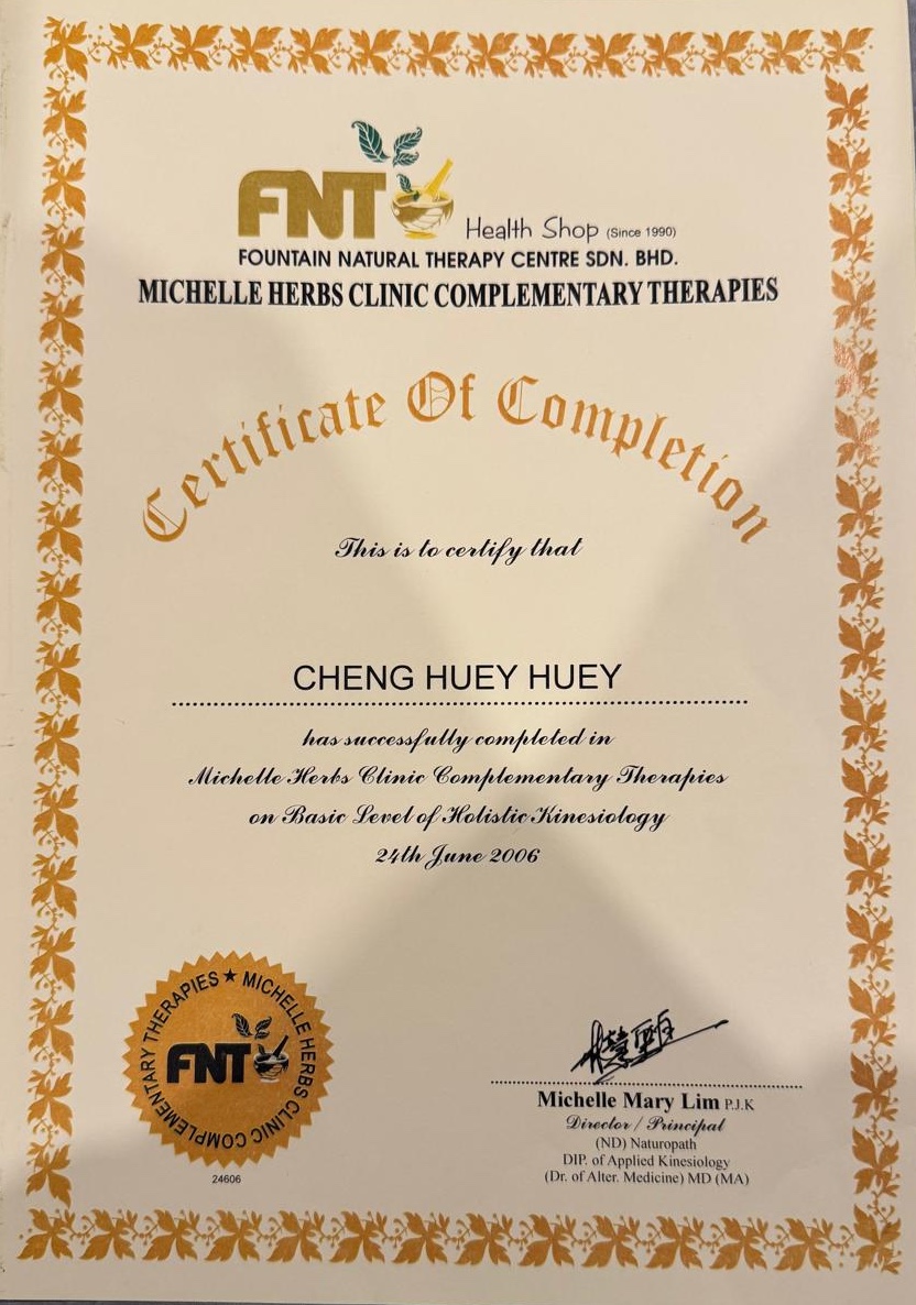 Basic Level of Holistic Kinesiology certificate from Fountain Natural Therapy Centre
