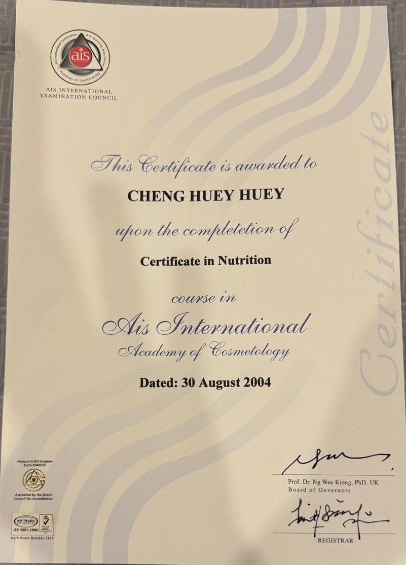 Certificate in Nutrition from AIS International Academy of Cosmetology