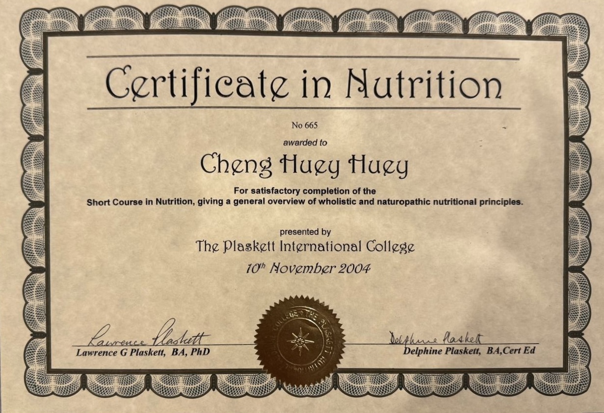 Certificate in Nutrition from the Plaskett International College