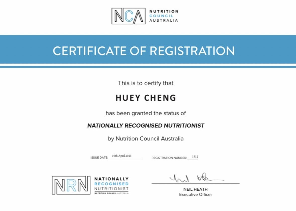 Certificate of registration as a Nationally Recognised Nutritionist from Nutrition Council Australia
