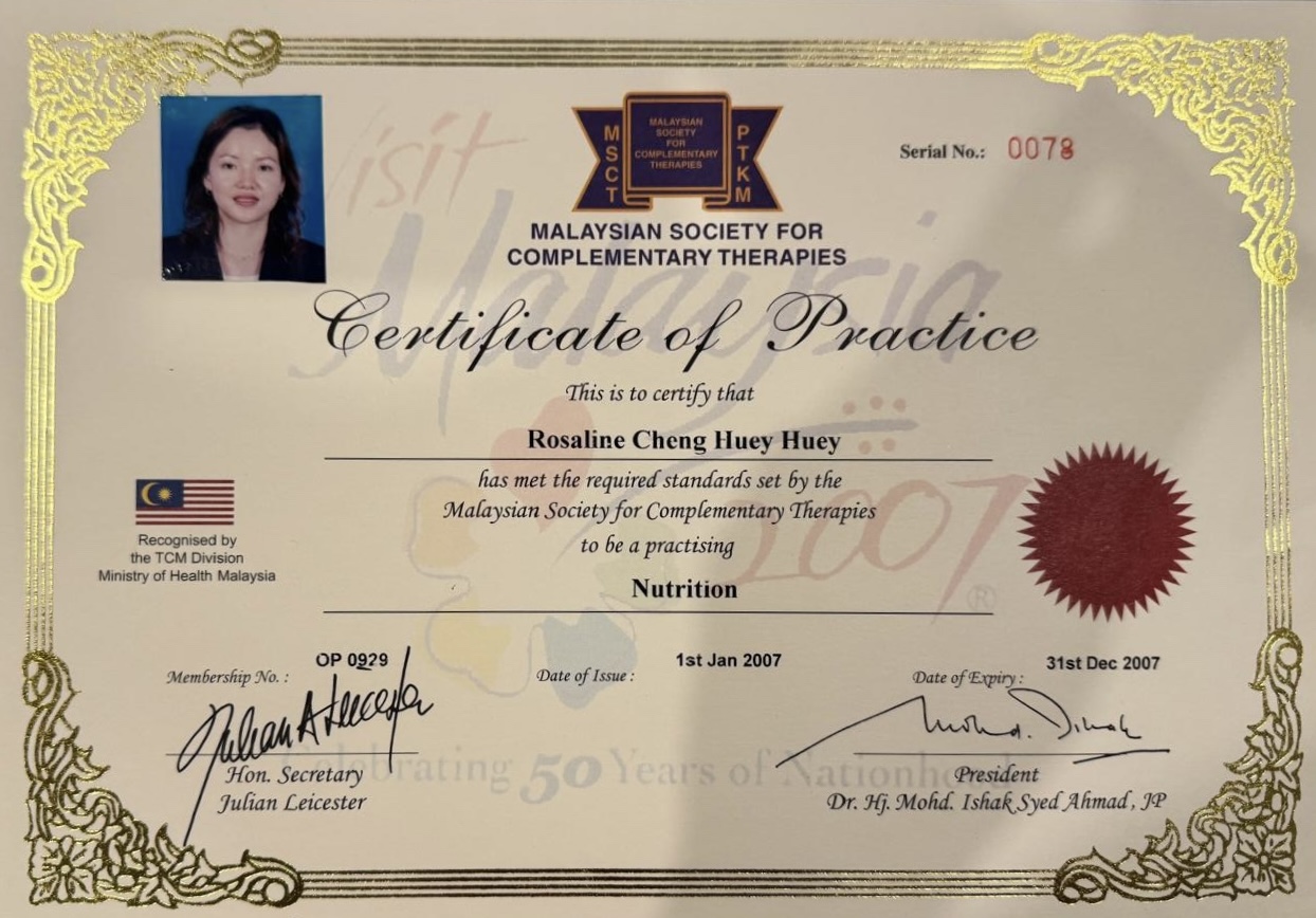 Certificate of Practice in Nutrition from the Malaysian Society for Complementary Therapies