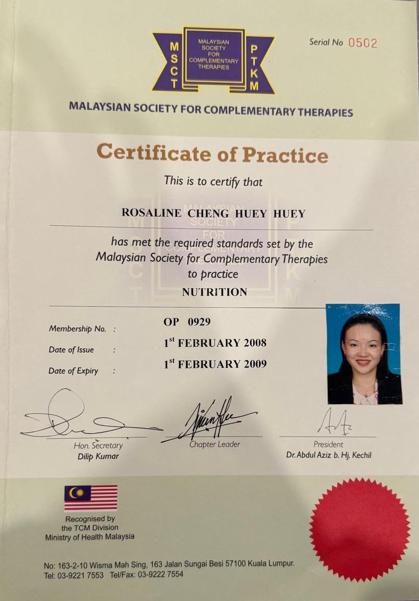 Certificate of Practice in Nutrition from the Malaysian Society for Complementary Therapies