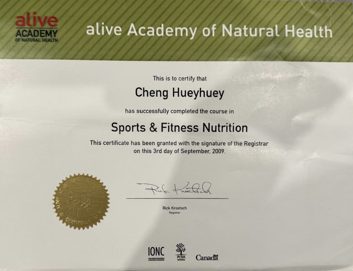 Sports and Fitness Nutrition certificate from alive Academy of Natural Health