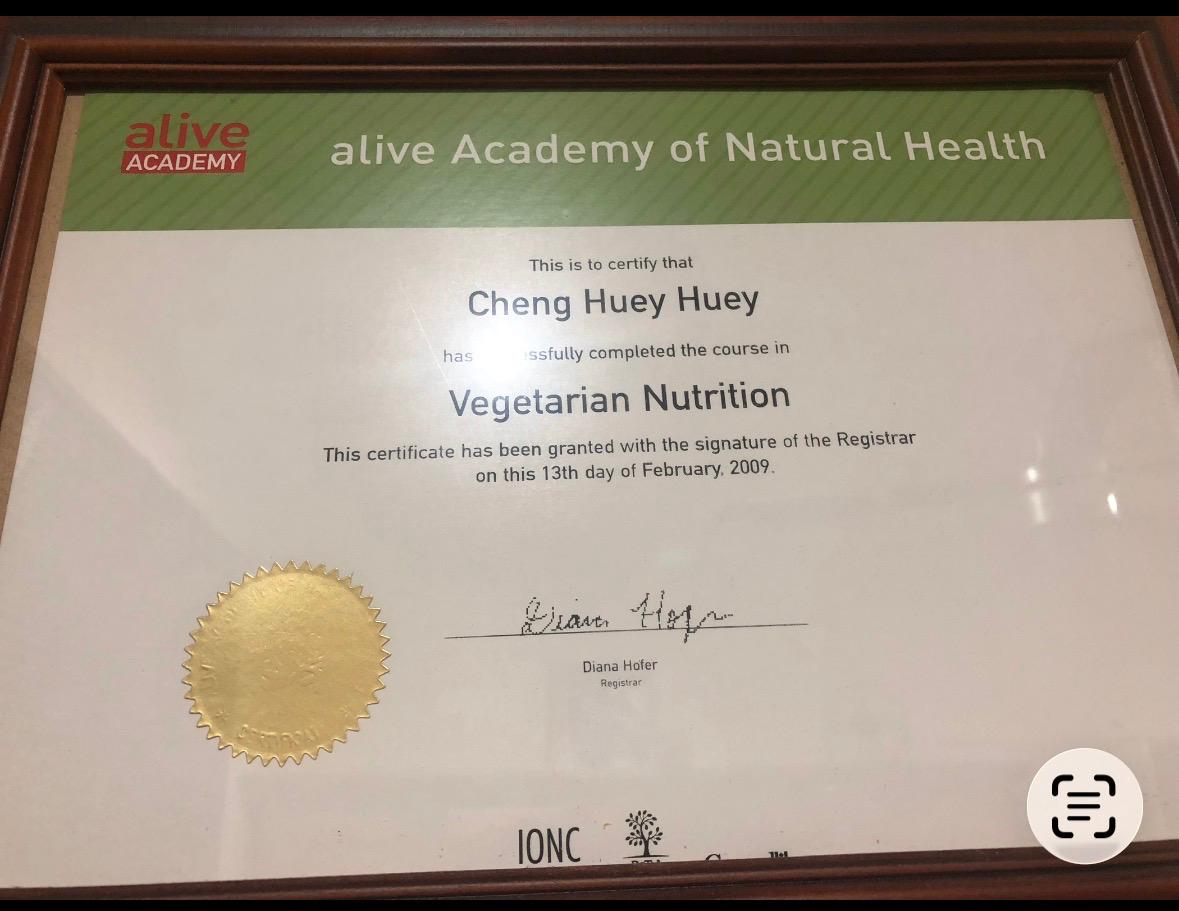 Vegetarian Nutrition certificate from alive Academy of Natural Health