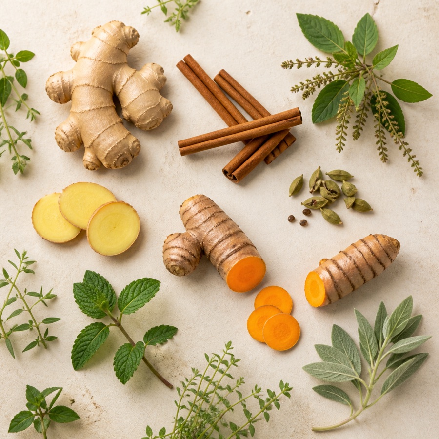 Ginger, turmeric, cinnamon and fresh herbs