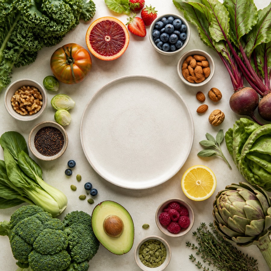 Fresh vegetables, fruit and nuts arranged around a ceramic plate