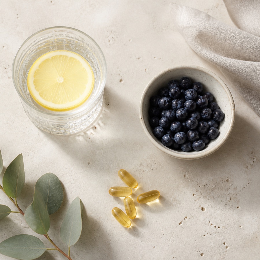 Lemon water, blueberries and golden supplement capsules